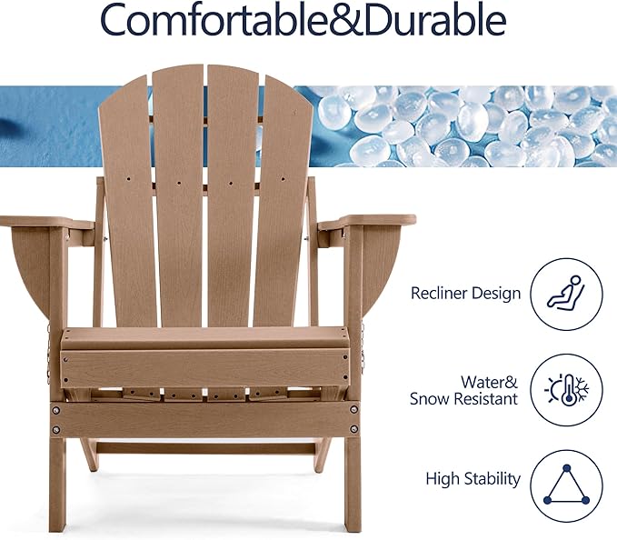 Folding Adirondack Chair, HDPE Outdoor Texture Lawn Chair with Reclining Back, Cup and Phone Holder - Comfortable Firepit Chair Weather Resistant for Patio or Backyard (Brown, Set of 4)