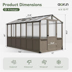 Aoxun 6x12 FT Wood Green House for Outdoors, Polycarbonate Panel Wooden Walk-in Greenhouse Kit with Automatic Temperature Control Roof Vent and Lockable Door, for Outside Backyard Garden, Gray