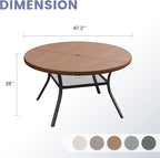 VICLLAX Outdoor Patio Round Dining Table, 47.2"x 47.2" Aluminum Tabletop with Storage Shelf for Deck Lawn Garden Backyard, Walnut
