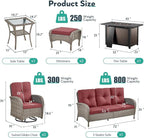 7 Piece Patio Furniture Set with Fire Pit Table - Wicker Patio Conversation Set with Swivel Glider, 3 Seat Sofa, Side Table and 2 Ottomans for Deck Backyard - Grey Wicker Red Cushion