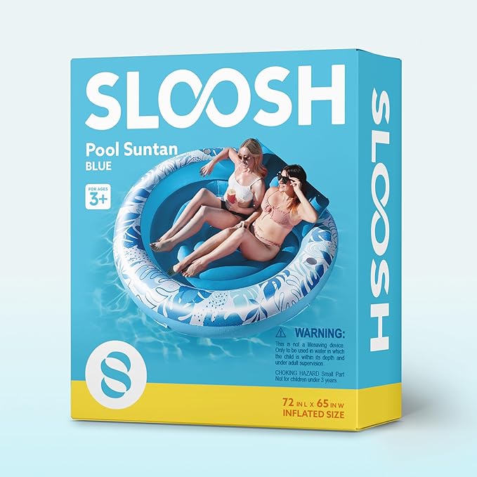 SLOOSH Inflatable Tanning Pool Lounger Float,72" x 65" Pool Floats Adult with Pillow,Luxury Fabric Large Suntan Tub Raft Floatie,Sunbathing Bed Lounge for Water Blow Up Kids Ball Pit Party Gifts,Blue