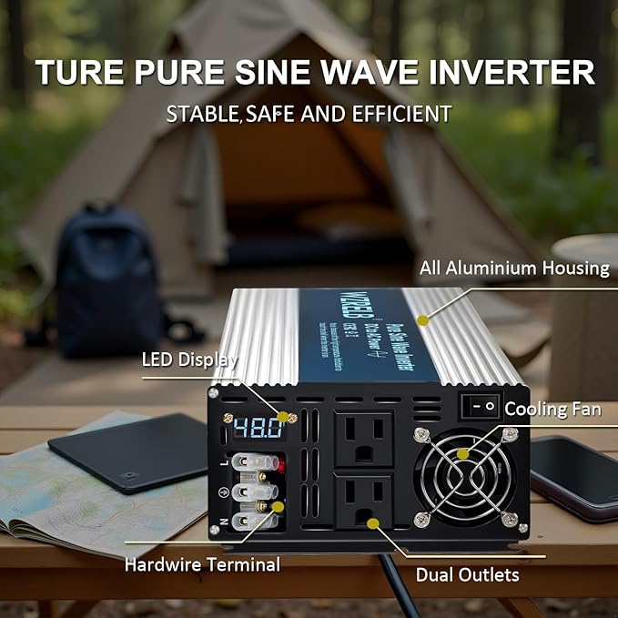 WZRELB 3500W Pure Sine Wave Inverter, Car Power Inverter 48V DC to 110V 120V AC Converter for RV, Truck, Solar, Outdoor with Dual AC Outlets, Hardwire Port, Surge 7000W, LED Display,Off-Grid