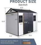 8x6 ft Resin Outdoor Storage Shed with Two-Window and Double-Door, Plastic Shed with Floor for Gargen, Patio, Yard, Lawn, Grey (1 Doors) (Grey White, 8x6 ft)