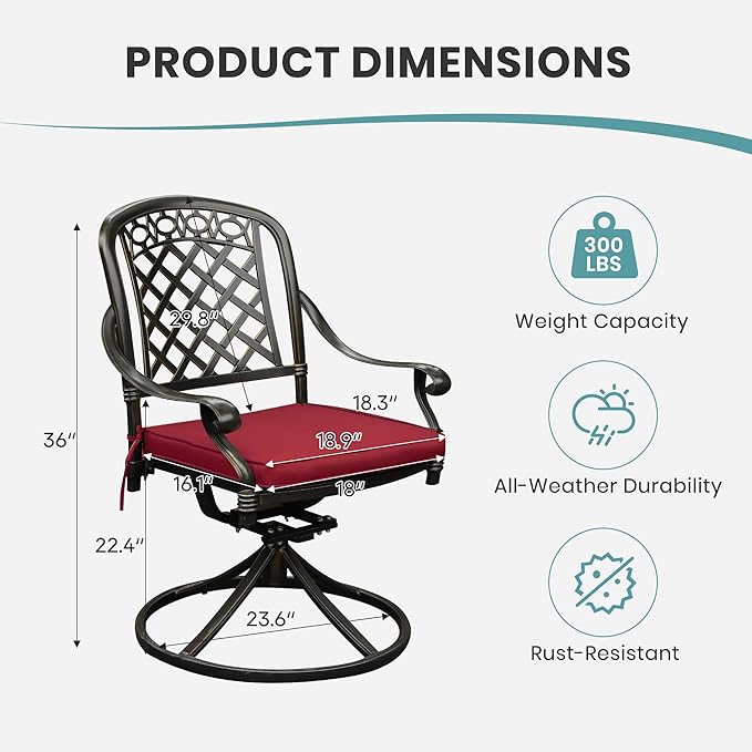 Set of 8 Cast Aluminum Patio Chairs with Cushions, All-Weather Aluminum Outdoor Swivel Chairs, Metal Outdoor Rocking Chairs for Backyard, Poolside and Bistro(Red, 8 Pieces)
