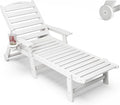 Patio Chaise Lounge Chair, HDPE Outdoor Lounge Chairs with 5-Position Adjustable Backrest, Cup Holder and Wheels, 450lbs Capacity for Poolside Deck Backyard, All Weather Material(White)
