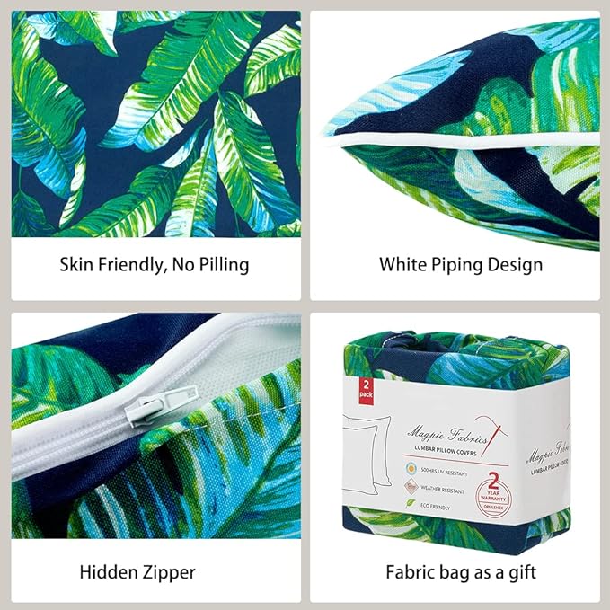 Magpie Fabrics Patio Lumbar Pillow Covers ONLY 20"x12", Set of 2, Outdoor Indoor Cushion Cases Decorative Throw Rectangular Pillowcase Shell for Couch Garden - Green Lagoon Leaves