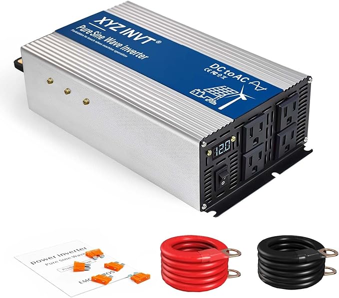 2000W Pure Sine Wave Inverter DC 12V to AC 120V, 4000W Peak Power with LED Display, Power Converter for Car, Truck, Solar, Home & Rechargeable Devices