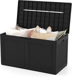HAPPYGRILL 100 Gallon Resin Deck Box Outdoor Waterproof Storage with Lockable Lid, Rattan Texture Storage Container with Wheels for Pool Accessories, Garden Tool, Patio Furniture Cushion (Black)