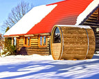 Outdoor Barrel Sauna 4 Person, Canadian Pinewood with Porch, 220V, Half Glass Window, 4.5KW Toule Heater,Waterproof System, Rugged Base(0-195℉)