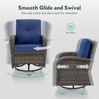 7 Piece Patio Furniture Set - Wicker Patio Conversation Set with Swivel Glider, 3 Seat Sofa, 2 Ottomans, Glass Side Table and Coffee Table for Deck Backyard - Brown Wicker Blue Cushion