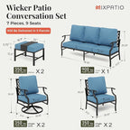 Patio Furniture Set 7 pcs, Outdoor Patio Furniture, 3-Seat Sofa, 2 Single Chairs, 2 Swivel Chairs, 2 Ottomans and 5.75" Extra Thick Cushion, Conversation Set for Deck,Navy Blue