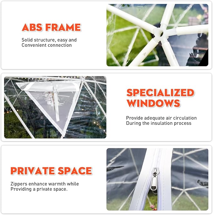 12FT Garden Dome Tent, Geodesic Dome Greenhouse with PVC Clear Cover, Waterproof Garden Bubble Dome Tent House with 2 x 10M Light Strings for Outdoor, Patio, Backyard, Party (White Edge, 15FT/4.6M)