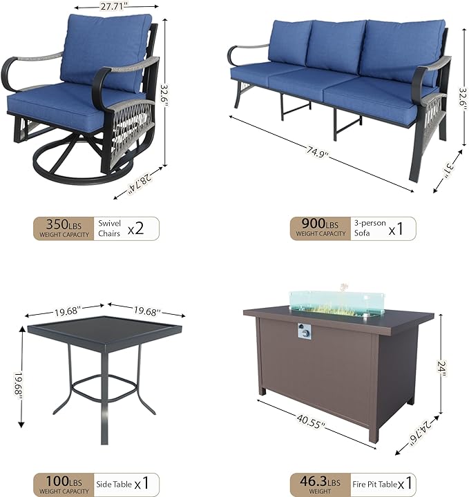 5 Pieces Modern Patio Furniture Set, All Weather Metal Outdoor Conversation Sets with Fire Pit Table for Backyard Garden Deck Porch Poolside, Blue