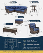 HILLGA Luxury Patio Furniture Set with 6-inch Thick Cushion, Outdoor Sectional Sofa and High Back Swivel Rocker Patio Chairs, 7PCS Wicker Conversation Set for Deck Yard and Pool, Blue (V2)