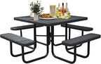 8-Person Outdoor Picnic Tables,46" Heavy-Duty Metal Square Picnic Table,Expanded Metal Commercial-Grade Table with 4 Benches & Umbrella Hole,Waterproof Coating Beach Table for Patio,Garden, Backyard