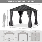 ABCCANOPY Hardtop Gazebo 10x10 - Outdoor Metal Hard Top Gazebo, Permanent Galvanized Steel Aluminum Framed Pavilion with Netting and Curtain for Patio Backyard Lawn Garden (Single Roof, Gray)