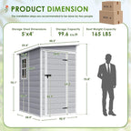 JUMMICO Outdoor Storage Shed, 5 x 4 FT Resin Shed with Floor and Lockable Door, Plastic Garden Tool Outside Sheds for Patio Backyard Lawn