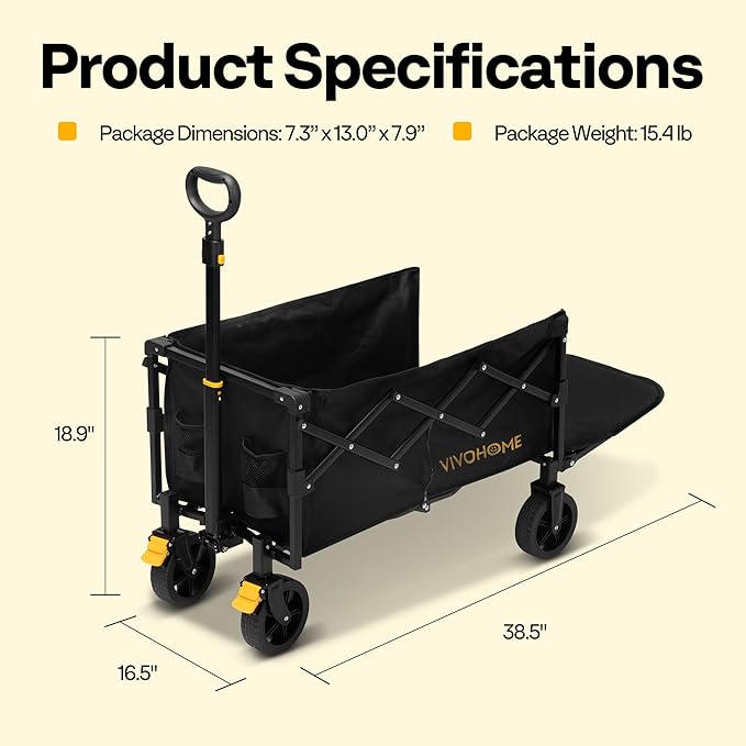 VIVOHOME 130L Collapsible Wagon with Tailgate, 320lb Load-Bearing Outdoor Utility with All-Terrain Wheels, Adjustable Handle, Cup Holders for Camping, Shopping, Garden, Sports, Picnic, Black