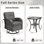 3 Pieces Patio Furniture Set, Outdoor Swivel Rocking Chair Set of 2 with Side Table - 360° Swivel, Thick Cushions, All-Weather Bistro Set for Deck, Porch, Pool(Grey, Grey Full-Weave Rattan)