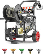 4400 PSI Gas Pressure Washer, One-Button Start 296cc 15HP Engine 4GPM, Includes Hose Reel, 50 FT 3/8 inch Hose, 5 Quick Connect Nozzles, Spray Gun and Wand