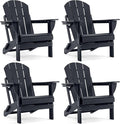 Folding Adirondack Chair, HDPE Outdoor Texture Lawn Chair with Reclining Back, Cup and Phone Holder - Comfortable Firepit Chair Weather Resistant for Patio or Backyard (Dark Black, Set of 4)