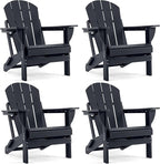 Folding Adirondack Chair, HDPE Outdoor Texture Lawn Chair with Reclining Back, Cup and Phone Holder - Comfortable Firepit Chair Weather Resistant for Patio or Backyard (Dark Black, Set of 4)