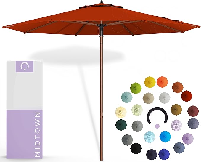 Midtown Umbrellas The Wooden 9 Feet Patio Umbrella With Terylast Apple (Red) Polyester Fabric - Aluminum Frame Market Umbrella For Backyard, Deck, Garden, Pool - Wooden Pole