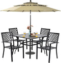 Sophia & William Metal Outdoor Patio Dining Set 6 PCS with 10ft 3 Tier Auto-tilt Umbrella(Beige), 4 x Metal Outdoor Chairs, 1 x Square 37"x 37" Dining Table and 1 Patio Umbrella