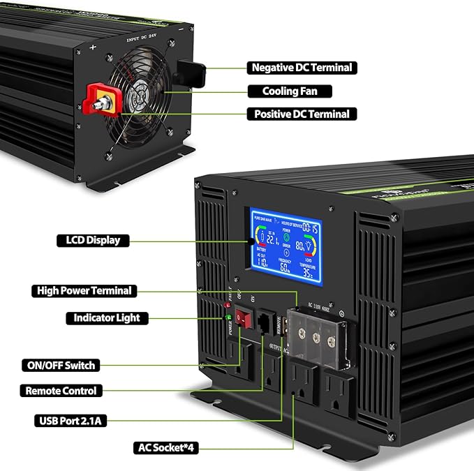 NOVOPAL 5000 Watt Pure Sine Wave Power Inverter DC 24V to AC 110V 120V Rv Inverters with 1 USB Port-16 feet Remote Control, LCD Display for Truck, Hurricane, Home