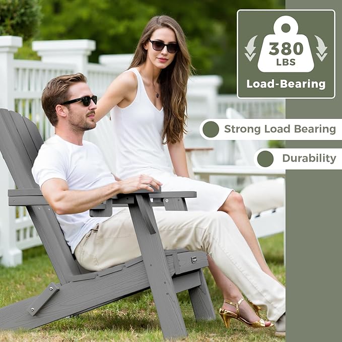 Folding Adirondack Chair Wood Texture 2 Pack, HDPE All-Weather Fire Pit Chairs, Plastic Adirondack Chairs with 2 Cup Holder, Outdoor Lawn Chair for Patio Garden (Grey)