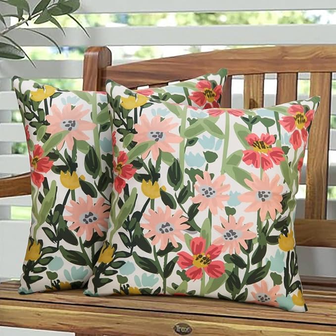 Pyonic Outdoor Pillows Cover Pack of 2 Floral Waterproof Throw Pillow Covers 18X18 inch Outdoor Pillows for Patio Furniture Garden Square Outside Waterproof Pillow