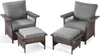 4 Pieces Wicker Patio Furniture Set - Hollow Widen Armrests Comfy Outdoor Rattan Chairs with Ottomans, Small Patio Convention Set for Balcony Porch Deck and Yard - Brown/Gray