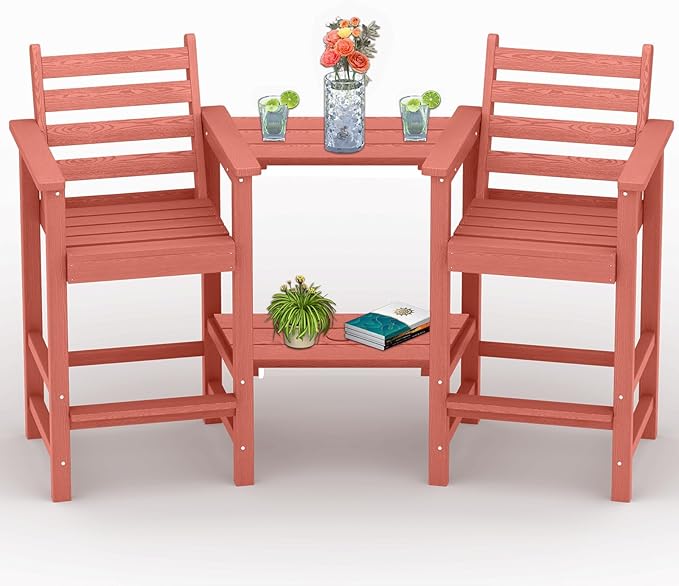 Tall Adirondack Chairs Set of 2, All Weather HDPE Poly Bar Height Balcony Adirondack Chair with Removable Double Connecting Trays, Outdoor Adirondack Barstools for Deck, Patio, Yard, Pool, Lawn