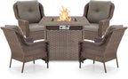 Outdoor Patio Chairs with Fire Pit Table 5 Piece Set - High Back Brown Wicker Rattan Lawn Chair with Thick Cushion for Porch Apartment Deck Yard Poolside Garden - Grey