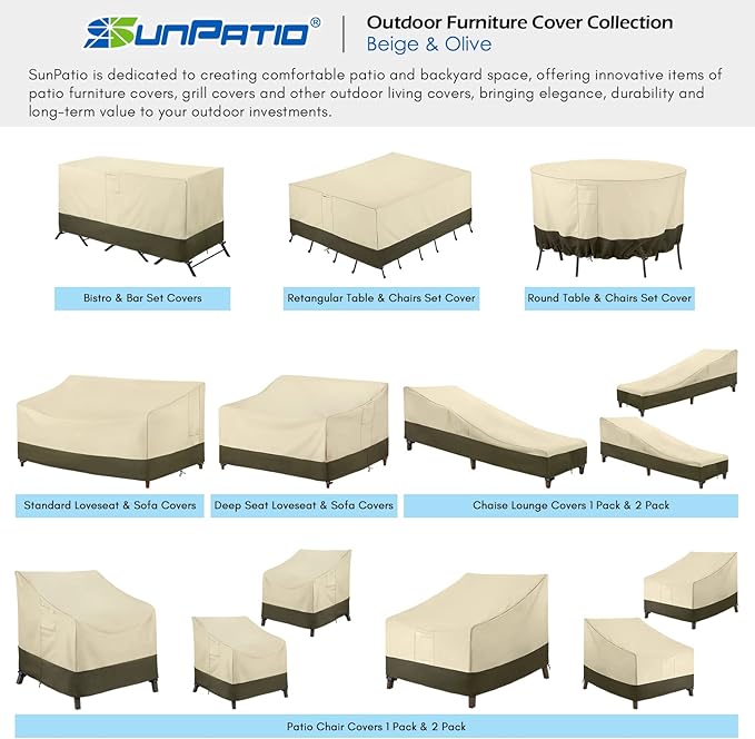 SunPatio Chaise Lounge Cover Outdoor Waterproof, Heavy Duty 2 Pack Patio Lounge Chair Cover, UV & Rip & Fade Resistant, All Weather Protection, 80W x 32D x 25H inch, Beige & Olive