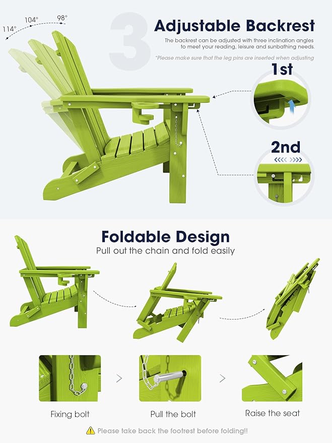 KINGYES Folding Adjustable Adirondack Chair with Ottoman & 2 Cup Holders Set of 2, HDEP Multifunctional Adirondack Chair with Footrest, Apple