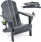 Folding Adirondack Chair, HDPE Outdoor Texture Lawn Chair with Reclining Back, Cup and Phone Holder - Comfortable Firepit Chair Weather Resistant for Patio or Backyard (Grey, Set of 1)