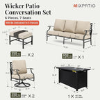 Patio Furniture Set, 6 Pcs Metal Outdoor Conversation Set, 2 Swivel Chairs, 2 Ottomans and 3 Seater Sofa with 5.75" Extra Thick Cushion and Gas Fire Pit Table, Beige
