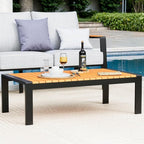 Aluminum Outdoor Coffee Table - Black Rectangle Patio Tables with Teak Top for Deck, and Poolside