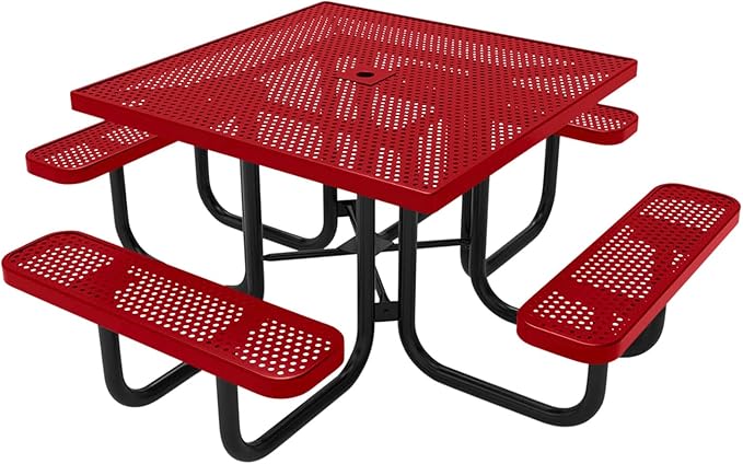 COATEDOUTDOORFURNITURE Heavy-Duty Portable Outdoor Picnic Table with Umbrella Hole, Punched Steel Commercial-Grade Patio Dining Furniture Made in America (46" Square Top, Textured Red)