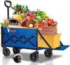 Collapsible Folding Wagon Cart with Tailgate - 300lbs Heavy Duty Foldable Utility Wagon and Brake Wheels - 100L Lightweight Grocery Wagons for Shopping Camping Sports Garden, Blue
