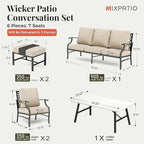 Patio Furniture Set 6 pcs, Outdoor Patio Furniture, 3-Seat Sofa, 2 Single Chairs, 2 Ottomans, Coffee Table and 5.75" Extra Thick Cushion, Patio Conversation Set,Beige