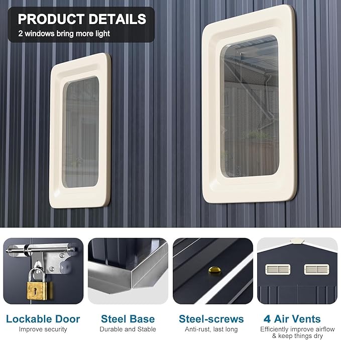 10x10 FT Metal Outdoor Shed with Floor Base Waterproof Large Tool House with Unique Clear Roof Skyview Windows Air Vents Door for Garden Patio Backyard Storage Lawnmower,Garage,Dark Grey