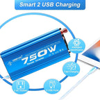 750W Modified Sine Wave Power Inverter DC 12V to AC 110V, Peak 1500 Watt, Car Plug Inverter Adapter Power Converter with 4.2A Dual USB Charging Ports and 2 AC Outlets Car Charger Blue