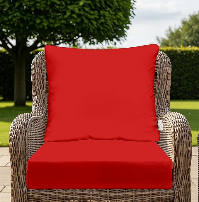 RSH DECOR Deep Seating Cushion with Pillow Back | 23.5” x 25” x 5" Seat | Water and Fade-Resistant Spun Fabric | Made in USA | Outdoor Chair Cushion Set for Patio Furniture (Red)