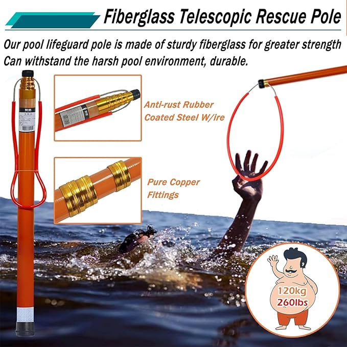 Telescopic Pool Rescue Hook with Pole, 16ft-30ft Adjustable Heavy Duty Pool Pole, Fibreglass Safety Hook Pools, Specialised Emergency Rescue Equipment for Drowning Victims (L:1000cm/33ft)