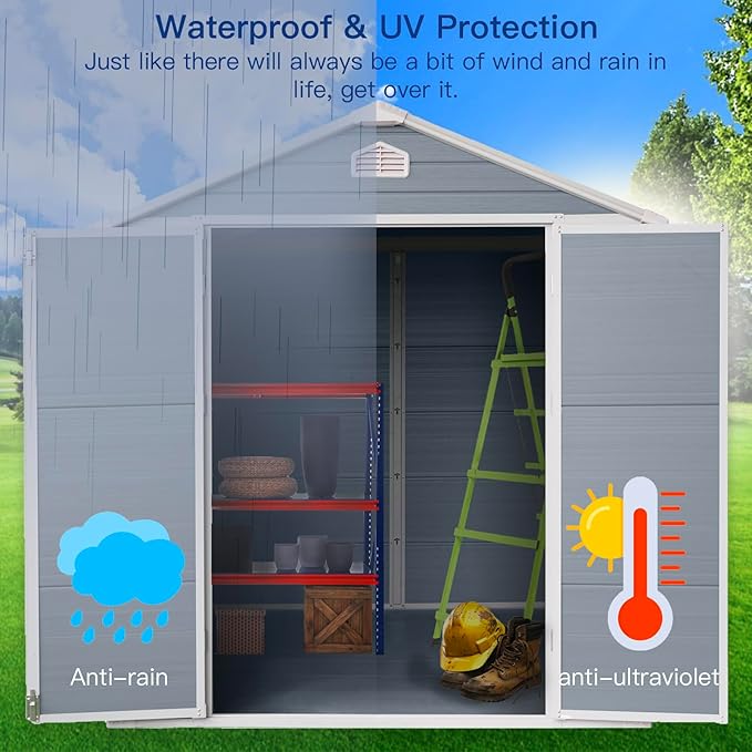 6x8 FT Outdoor Storage Shed, Resin Garden Shed with Thick Floor, Plastic Storage Shed with Window, Waterproof Outside Tool Shed with Lockable Hinged Doors for Backyard, Patio, Lawn, Light Gray
