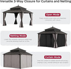 SUNJOY Kingston 12' x 12' Hardtop Gazebo with Galvanized Steel Double Roof, Curtain and Netting, Brown Aluminum Posts Permanent Pavilion Gazebo for Garden, Patio, Deck, Lawn