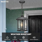 Outdoor Pendant Light Fixture Hanging Porch Light with Adjustable Chain Aluminum Frame with Tempered Water Ripple Glass Hanging Lantern for Front Door Porch Garden and Backyard