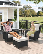 LayinSun 7 Piece Wicker Outdoor Furniture Set with 6-inch Comfy Cushions, High Back Patio Furniture Set with Swivel Rocking Chairs and Fire Pit Table